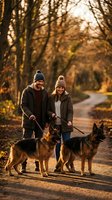 Happy couple walking German Shepherd dogs on autumn forest path during golden hour sunset with warm light filtering through colorful fall foliage trees.