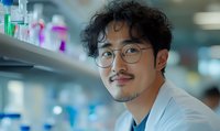 Asian male scientist in laboratory wearing glasses and white coat smiles confidently while conducting research, with blurred scientific equipment in background.