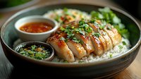 Sliced grilled chicken breast glazed with teriyaki sauce, served on white rice with fresh herbs and two dipping sauces in ceramic bowl on dark wooden surface.