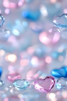 Dreamy pink and blue crystal hearts with soft bokeh background create romantic atmosphere for Valentine's Day cards, wedding invitations and love-themed designs.