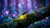 Magical firefly glowing on mossy tree branch in enchanted forest with bokeh lights creating mystical fairy tale atmosphere for fantasy designs.