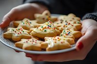 Star-shaped sugar cookies decorated with white frosting and colorful sprinkles on white plate. Hands with red nail polish holding festive holiday treats for Christmas baking.