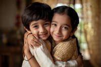 Two smiling South Asian children embracing in warm natural light, wearing traditional white and gold attire, capturing pure joy and sibling affection.