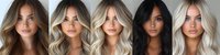 Diverse female hairstyles and colors showcased in beauty salon portfolio, featuring brunette, blonde, balayage, and dark hair with professional styling.