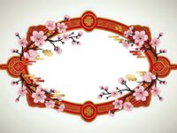 Chinese New Year frame with cherry blossom flowers and traditional red ornamental border for festive greeting cards and celebration designs.