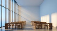 Modern minimalist dining room with wooden tables and chairs, large windows casting natural light shadows on blue walls for restaurant interior design.