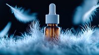 Essential oil dropper bottle nestled in soft white feathers against blue background, creating ethereal atmosphere for wellness, aromatherapy and natural cosmetics marketing.