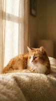 Fluffy ginger cat resting on a soft blanket by a sunlit window with sheer curtains, warm cozy home atmosphere.