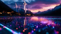 Dreamy landscape with wind turbines reflecting in water at sunset, colorful bokeh lights scattered across lake surface against purple mountain silhouettes.