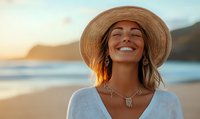 Young woman with straw hat smiling at sunset on beach, wearing white top and statement jewelry, enjoying carefree summer vacation moment.