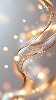 Elegant golden waves flow with sparkling light particles against soft gray background, creating luxurious abstract design for festive celebrations and events.