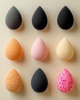 Makeup sponges and beauty blenders in different colors and textures arranged in neat rows on beige background. Professional cosmetic applicators for foundation.