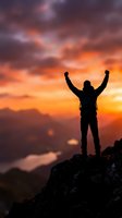 Silhouette of a hiker raising arms in triumph on a mountain peak at dramatic sunset, symbolizing success, freedom, and achievement.