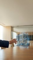 Businessman hand touching holographic display showing content calendar, engagement metrics, and analytics data on wooden desk in modern office environment.