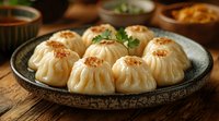 Steamed Asian dumplings with pleated tops and crispy garlic garnish served on traditional ceramic plate. Fresh herbs and dipping sauce create appetizing presentation.