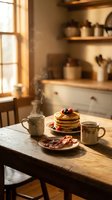 Cozy farmhouse kitchen breakfast scene with pancakes, berries, bacon and steaming coffee cups on rustic wooden table with warm morning sunlight streaming through window.