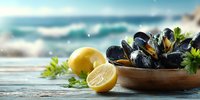 Fresh mussels in wooden bowl with lemon and parsley on seaside table. Ocean waves background creates coastal dining atmosphere for seafood restaurant menu.