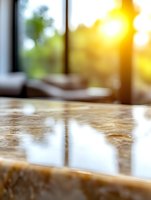 Rustic wooden table surface with natural sunlight streaming through window creating warm atmosphere and bokeh effect, selective focus on wood grain texture.