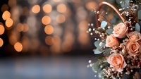 Romantic peach roses and baby's breath bouquet against blurred bokeh lights background creates dreamy atmosphere for wedding and celebration designs.