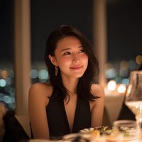 Young Asian woman enjoying elegant dinner at upscale restaurant with city lights background. Sophisticated dining experience with warm ambient lighting.