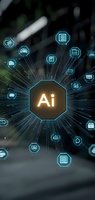 Glowing AI symbol surrounded by connected digital icons representing machine learning and automation capabilities on dark background with radial lines.