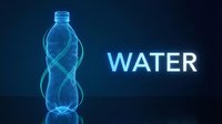 Futuristic neon blue water bottle with glowing wireframe design on dark background for technology and hydration concepts.
