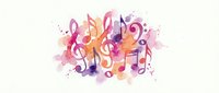 Colorful musical notes with watercolor splashes in pink, purple, and orange tones on white background. Isolated design element suitable for music education, event posters, and creative projects.