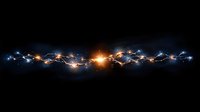 Glowing electric lightning arc with blue and orange light effects on black background, energy plasma discharge streak for power and technology designs.
