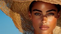 Young African American woman with natural makeup wearing straw sun hat against blue sky background, sunlight creating dramatic shadows on glowing skin.