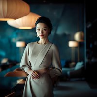 Professional Asian businesswoman in elegant beige dress standing confidently in modern office with warm lighting and contemporary interior design.