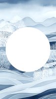 Serene winter landscape with white circle frame over snowy mountains and frosted trees in soft blue watercolor style for seasonal design projects.