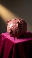 Ornate pink ceramic piggy bank with decorative floral patterns sits on burgundy velvet fabric under dramatic spotlight for savings and financial planning.