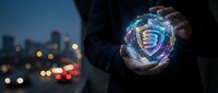 Businessman holding glowing digital shield hologram with cybersecurity protection concept against blurred city lights background at night.