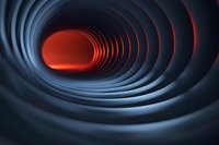 Abstract spiral tunnel with glowing red light at end, dark blue curved walls creating depth and perspective illusion for technology or future concepts.