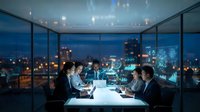 Business team meeting in modern glass conference room with city skyline view at night. Corporate professionals discussing strategy and planning.
