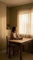 Young woman sitting at wooden table by window with warm sunlight streaming through sheer curtains in cozy home interior for lifestyle content.