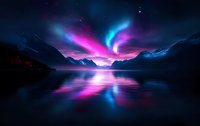 Vibrant aurora borealis dancing over tranquil mountain lake at night, reflecting pink and blue lights in calm water surface against starry sky and silhouetted peaks.