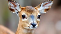 Young deer fawn face close up portrait showing big brown eyes, delicate features and spotted coat. Wildlife photography of baby animal in natural habitat.