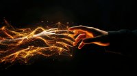 Human hand reaching toward glowing orange energy waves with sparkling particles on dark background for technology and innovation concepts.