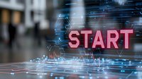 Glowing pink START text overlaid on digital network graphics with blurred office background, representing business launch or technology initiative.