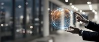 Businessman hand holding glowing digital sphere with network connections in modern office environment representing global connectivity and innovation.