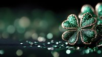 Sparkling green clover with glitter effect on dark background with bokeh lights creates magical St Patrick's Day atmosphere for festive designs.