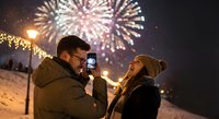 Young couple taking selfie with smartphone during winter fireworks celebration at night with festive lights creating romantic holiday atmosphere.