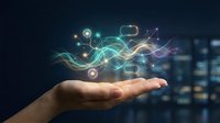 Hand holding glowing digital network waves with connected icons, representing data flow, technology innovation, and wireless communication for business solutions.