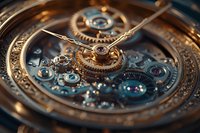 Intricate mechanical watch movement with golden gears, jewels and ornate details captured in macro photography showing precise engineering and luxury craftsmanship.