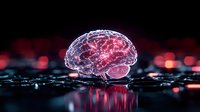 Glowing pink crystal brain model on dark reflective surface with bokeh lights, showcasing artificial intelligence and neuroscience concepts in modern technology.