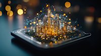 Futuristic cityscape emerging from smartphone screen with glowing bokeh lights and digital connections, representing smart city technology and innovation.