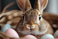 Close up portrait of adorable brown bunny rabbit with long ears peeking over pastel colored Easter eggs in rustic basket, selective focus on cute nose and face.