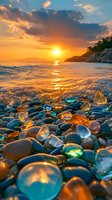 Colorful sea glass and pebbles on beach at dramatic orange sunset, waves washing over stones as sun reflects on wet surfaces creating magical glow on coastline.