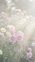 Soft pink roses and white cosmos flowers in dreamy garden setting with gentle bokeh light for romantic wedding and spring celebration backgrounds.